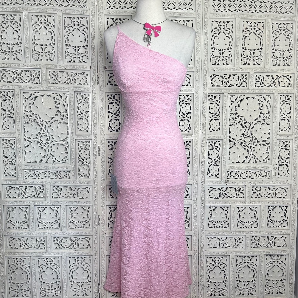 NWT Bardot Candy Pink‎ Lace One Shoulder Formal Event Midi Dress Sz XS